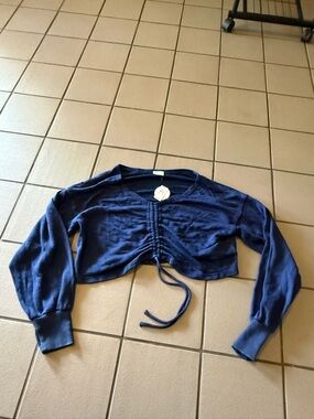 aerie Navy Blue Long Sleeve Ruched Drawstring Cropped Tee